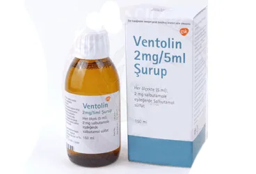 VENTOLIN 2 MG 150 ML SURUP kutu fotoğrafı. Salbutamol içeren şurup. Üretici: GLAXOSMİTHKLİNE İLAÇLARI SAN. VE TİC. A.Ş.
