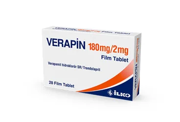 VERAPIN 180/2 MG 28 FILM TABLET (verapamil hcl + trandolapril) ambalajı, film kaplı tablet. Üretici: İLKO İLAÇ SAN. VE TİC. A.Ş.