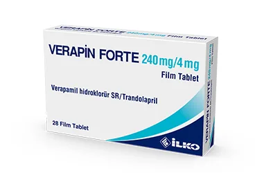 VERAPIN FORTE 240 MG/4 MG 28 FILM TABLET ambalajı. Verapamil hcl + trandolapril içeren film kaplı tablet. Üretici: İLKO İLAÇ SAN. VE TİC. A.Ş.