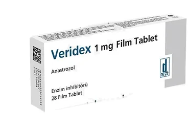 Anastrozol içeren film kaplı tablet: VERIDEX 1 MG FILM TABLET (28 TABLET) kutusu. Üretici: DEVA HOLDİNG ANONİM ŞİRKETİ.