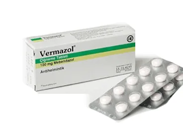 VERMAZOL 100 MG CIGNEME TABLETI (30 TABLET) ürün ambalajı. Mebendazol içeren çiğneme tableti. Üretici: MENARİNİ SAĞLIK VE İLAÇ SANAYİ TİCARET ANONİM ŞİRKETİ.
