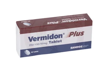 Parasetamol kombinasyon içeren tablet: VERMIDON PLUS 250/150/50 MG TABLET ürün ambalajı. Üretici: SANDOZ İLAÇ SANAYİ VE TİCARET A.Ş.