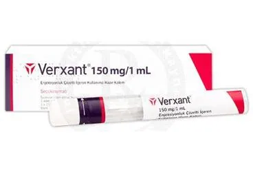 Sekukinumab içeren çözelti: VERXANT 150 MG/1 ML ENJEKSIYONLUK COZELTI ICEREN KULLANIMA HAZIR KALEM ambalajı. Üretici: FARMANOVA SAĞLIK HİZMETLERİ LTD.ŞTİ.