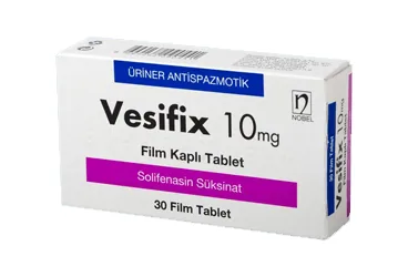 Solifenasin süksinat içeren film kaplı tablet: VESIFIX 10 MG 30 FILM KAPLI TABLET kutusu. Üretici: NOBEL İLAÇ SAN. VE TİC. A.Ş.