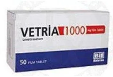 VETRIA 1000 MG FILM KAPLI TABLET (50 TABLET) (levetirasetam) kutusu, film kaplı tablet. Üretici: BİOFARMA İLAÇ SANAYİ VE TİCARET A.Ş.