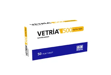 Levetirasetam içeren film kaplı tablet: VETRIA 500 MG 50 FİLM TABLET kutu fotoğrafı. Üretici: BİOFARMA İLAÇ SANAYİ VE TİCARET A.Ş.