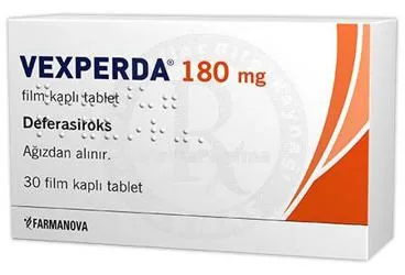 VEXPERDA 180 MG FILM KAPLI TABLET (30 TABLET) (deferasiroks) ürün ambalajı, film kaplı tablet. Üretici: FARMANOVA SAĞLIK HİZMETLERİ LTD.ŞTİ.