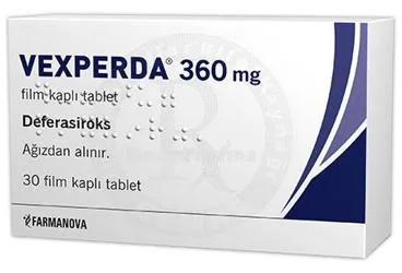 VEXPERDA 360 MG FILM KAPLI TABLET (30 TABLET) kutu fotoğrafı. Deferasiroks içeren film kaplı tablet. Üretici: FARMANOVA SAĞLIK HİZMETLERİ LTD.ŞTİ.