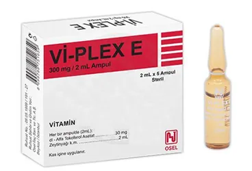 VI-PLEX E 300 MG 2 CC 5 AMPUL kutu fotoğrafı, ampul formunda vitamin e içerir. Üretici: OSEL İLAÇ SANAYİ VE TİCARET ANONİM ŞİRKETİ.