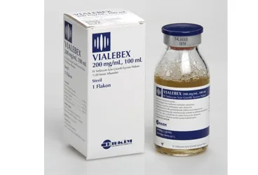 VIALEBEX 200 MG/ML 100 ML IV INFUZYONLUK COZELTI ambalajı. Human albumin içeren çözelti. Üretici: ER-KİM İLAÇ SANAYİ VE TİCARET A.Ş.
