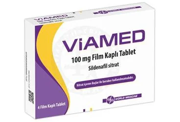 VIAMED 100 MG FILM KAPLI TABLET (4 TABLET) (sildenafil sitrat) kutu fotoğrafı, film kaplı tablet. Üretici: WORLD MEDICINE İLAÇLARI LTD. ŞTİ.