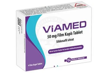 VIAMED 50 MG FILM KAPLI TABLET (4 TABLET) kutu fotoğrafı. Sildenafil sitrat içeren film kaplı tablet. Üretici: WORLD MEDICINE İLAÇLARI LTD. ŞTİ.