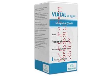 VIATAL 10 MG/ML INFUZYONLUK COZELTI (12 ADET) ürün ambalajı. Parasetamol içeren çözelti. Üretici: TAWALU PHARMA İLAÇ SANAYİ VE TİCARET ANONİM ŞİRKETİ.