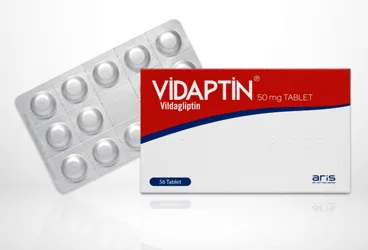 VIDAPTIN 50 MG 56 TABLET kutu fotoğrafı, tablet formunda vildagliptin içerir. Üretici: ALİ RAİF İLAÇ SANAYİ A.Ş.