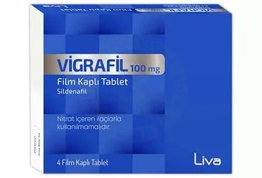 VIGRAFIL 100 MG FILM KAPLI TABLET (4 TABLET) kutu fotoğrafı. Sildenafil sitrat içeren film kaplı tablet. Üretici: LİVA İLAÇ PAZARLAMA SAN. VE TİC. A.Ş.