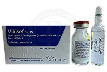 VIKISEF 1 G IV ENJEKSIYONLUK/INFUZYONLUK COZELTI HAZIRLAMAK ICIN TOZ VE COZUCU (seftriakson) ürün ambalajı, çözelti. Üretici: TÜRKEM İLAÇ SANAYİ VE TİCARET ANONİM ŞİRKETİ.