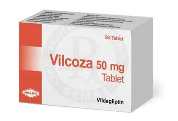Vildagliptin içeren tablet: VILCOZA 50 MG TABLET (56 TABLET) ürün ambalajı. Üretici: HELBA İLAÇ İÇ VE DIŞ SANAYİ TİCARET ANONİM ŞİRKETİ.