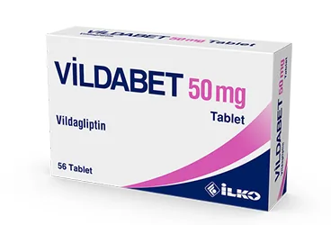 VILDABET 50 MG TABLET (56 TABLET) kutusu. Vildagliptin içeren tablet. Üretici: İLKO İLAÇ SAN. VE TİC. A.Ş.