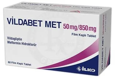 VILDABET MET 50 MG/850 MG FILM KAPLI TABLET (60 TABLET) (metformin + vildagliptin) ürün ambalajı, film kaplı tablet. Üretici: İLKO İLAÇ SAN. VE TİC. A.Ş.