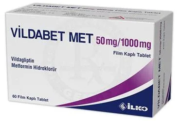 Metformin + vildagliptin içeren film kaplı tablet: VILDABETMET 50 MG/1000 MG FILM KAPLI TABLET (60 TABLET) kutusu. Üretici: İLKO İLAÇ SAN. VE TİC. A.Ş.
