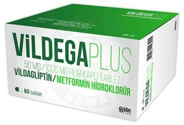 VILDEGA PLUS 50 MG/1000 MG FILM KAPLI TABLET kutusu. Metformin + vildagliptin içeren film kaplı tablet. Üretici: BİLİM İLAÇ SANAYİİ VE TİCARET A.Ş.