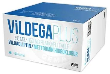 Metformin + vildagliptin içeren film kaplı tablet: VILDEGA PLUS 50 MG/850 MG FILM KAPLI TABLET (60 TABLET) ürün ambalajı. Üretici: BİLİM İLAÇ SANAYİİ VE TİCARET A.Ş.