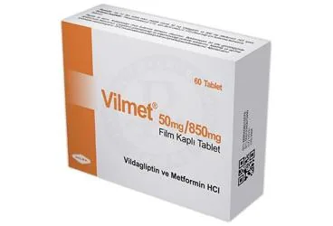 VILMET 50 MG / 850 MG FILM KAPLI TABLET (60 TABLET) kutu fotoğrafı. Metformin + vildagliptin içeren film kaplı tablet. Üretici: HELBA İLAÇ İÇ VE DIŞ SANAYİ TİCARET ANONİM ŞİRKETİ.