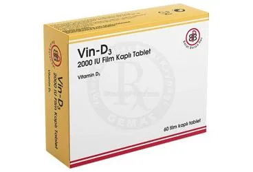 VIN-D3 2000 IU FILM KAPLI TABLET (60 TABLET) ürün ambalajı. Vitamin d3 içeren film kaplı tablet. Üretici: BERAT BERAN İLAÇ SAN. VE TİC. LTD. ŞTİ.