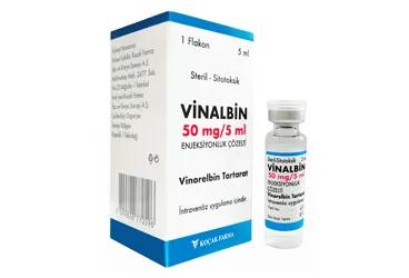 Vinorelbin içeren çözelti: VINALBIN 50 MG / 5 ML ENJEKSIYONLUK COZELTI ürün ambalajı. Üretici: KOÇAK FARMA İLAÇ VE KİMYA SANAYİ A.Ş.