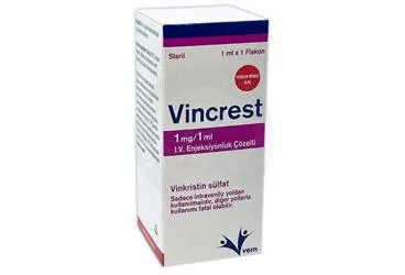 VINCREST 1MG/1 ML I.V. ENJEKSIYONLUK COZELTI ürün ambalajı. Vinkristin sülfat içeren çözelti. Üretici: VEM İLAÇ SAN. VE TİC. ANONİM ŞİRKETİ.