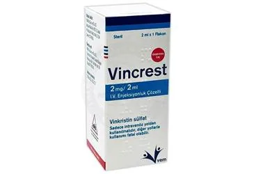 Vinkristin sülfat içeren çözelti: VINCREST 2 MG/2 ML I.V. ENJEKSIYONLUK COZELTI kutu fotoğrafı. Üretici: VEM İLAÇ SAN. VE TİC. ANONİM ŞİRKETİ.