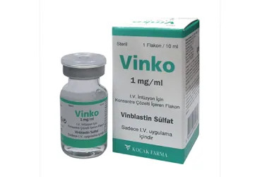 Vinblastin içeren flakon: VINKO 1 MG/ML IV INF. ICIN COZ.ICEREN FLAKON 10 ML kutusu. Üretici: KOÇAK FARMA İLAÇ VE KİMYA SANAYİ A.Ş.