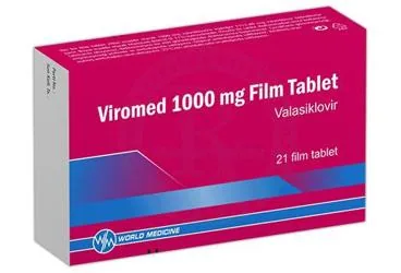 VIROMED 1000 MG FILM TABLET (21 ADET) ambalajı, film kaplı tablet formunda valasiklovir içerir. Üretici: WORLD MEDICINE İLAÇ SAN. VE TİC. A.Ş.
