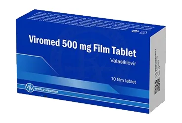 VIROMED 500 MG 10 FILM KAPLI TABLET ambalajı, film kaplı tablet formunda valasiklovir içerir. Üretici: WORLD MEDICINE İLAÇ SAN. VE TİC. A.Ş.