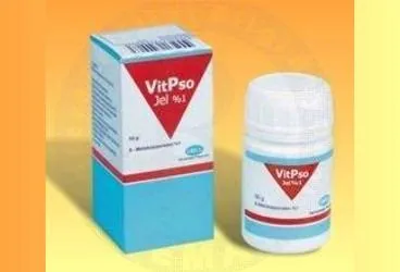 Metoksipsoralen -topikal içeren jel: VITPSO %1 JEL ürün ambalajı. Üretici: ORVA İLAÇ SAN. VE TİC. A.Ş.