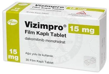 VIZIMPRO 15 MG FİLM KAPLI TABLET (dakomitinib) ambalajı, film kaplı tablet. Üretici: PFİZER PFE İLAÇLARI ANONİM ŞİRKETİ.