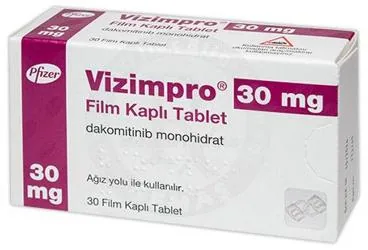 VIZIMPRO 30 MG FİLM KAPLI TABLET ambalajı, film kaplı tablet formunda dakomitinib içerir. Üretici: PFİZER PFE İLAÇLARI ANONİM ŞİRKETİ.
