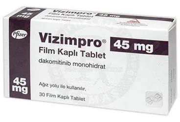 VIZIMPRO 45 MG FİLM KAPLI TABLET ambalajı. Dakomitinib içeren film kaplı tablet. Üretici: PFİZER PFE İLAÇLARI ANONİM ŞİRKETİ.