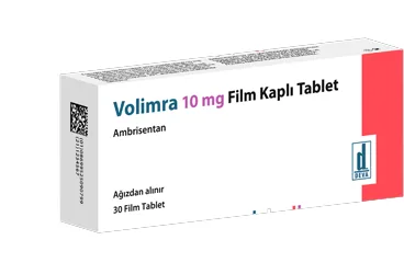 Ambrisentan içeren film kaplı tablet: VOLIMRA 10 MG 30 FILM KAPLI TABLET kutusu. Üretici: DEVA HOLDİNG ANONİM ŞİRKETİ.