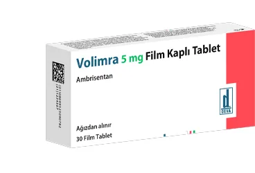 Ambrisentan içeren film kaplı tablet: VOLIMRA 5 MG 30 FILM KAPLI TABLET ürün ambalajı. Üretici: DEVA HOLDİNG ANONİM ŞİRKETİ.