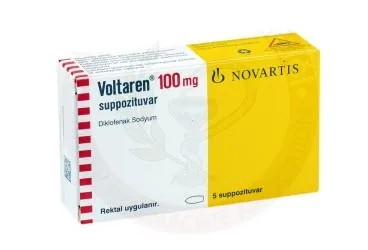 Diklofenak içeren supozituvar: VOLTAREN 100 MG 10 SUPOZITUAR ürün ambalajı. Üretici: NOVARTİS SAĞLIK GIDA VE TARIM ÜRÜNLERİ SANAYİ VE TİCARET ANONİM ŞİRKETİ.