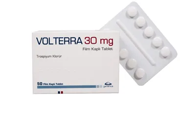 VOLTERRA 30 MG 50 FILM KAPLI TABLET ambalajı. Trospiyum klorür içeren film kaplı tablet. Üretici: GENVEON İLAÇ SANAYİ VE TİCARET ANONİM ŞİRKETİ.