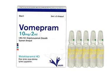VOMEPRAM 10 MG/2 ML IM/IV ENJ. COZ. ICEREN 5 AMPUL (metoklopramid) ambalajı, ampul. Üretici: VEM İLAÇ SAN. VE TİC. ANONİM ŞİRKETİ.