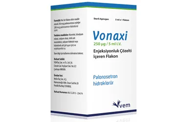 VONAXI 250 MCG/5 ML IV. ENJEKSIYONLUK COZELTI ICEREN 1 FLAKON ambalajı, çözelti formunda palonosetron içerir. Üretici: VEM İLAÇ SAN. VE TİC. ANONİM ŞİRKETİ.