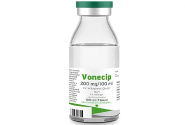 Siprofloksasin içeren çözelti: VONECIP 200 MG/100 ML IV INFUZYONLUK COZELTI kutu fotoğrafı. Üretici: POLİFARMA İLAÇ SAN. VE TİC. A.Ş.
