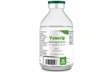 VONECIP 400 MG/200 ML IV INFUZYONLUK COZELTI (siprofloksasin) kutu fotoğrafı, çözelti. Üretici: POLİFARMA İLAÇ SAN. VE TİC. A.Ş.