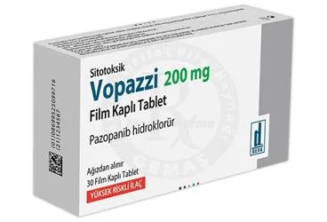 VOPAZZI 200 MG FILM KAPLI TABLET (30 TABLET) kutu fotoğrafı, film kaplı tablet formunda pazopanib içerir. Üretici: DEVA HOLDİNG ANONİM ŞİRKETİ.