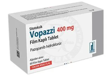 Pazopanib içeren film kaplı tablet: VOPAZZI 400 MG FILM KAPLI TABLET (60 TABLET) kutu fotoğrafı. Üretici: DEVA HOLDİNG ANONİM ŞİRKETİ.