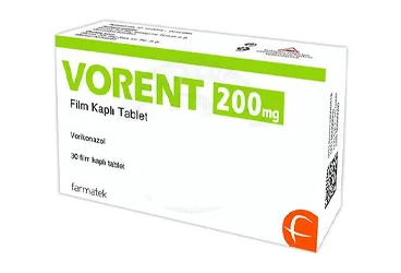 VORENT 200 MG FILM TABLET (30 TABLET) ürün ambalajı. Vorikonazol içeren film kaplı tablet. Üretici: FARMA-TEK İLAÇ SANAYİ VE TİCARET A.Ş.