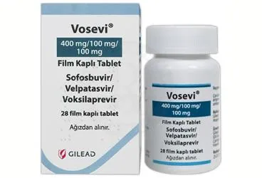 Sofosbuvir + velpatasvir + voksilaprevir içeren film kaplı tablet: VOSEVI 400 MG-100 MG-100 MG FILM KAPLI TABLET (28 TABLET) ürün ambalajı. Üretici: GİLEAD SCİENCES İLAÇ TİCARET LTD. ŞTİ.